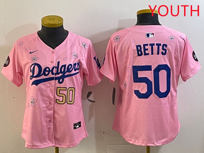 Youth Los Angeles Dodgers #50 Betts Pink Sakura Edition 2025 Nike MLB Jersey style 3->youth mlb jersey->Youth Jersey